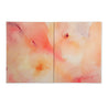 Two abstract paintings side by side, each made with washes of bright yellow, pink, blue, and purple.