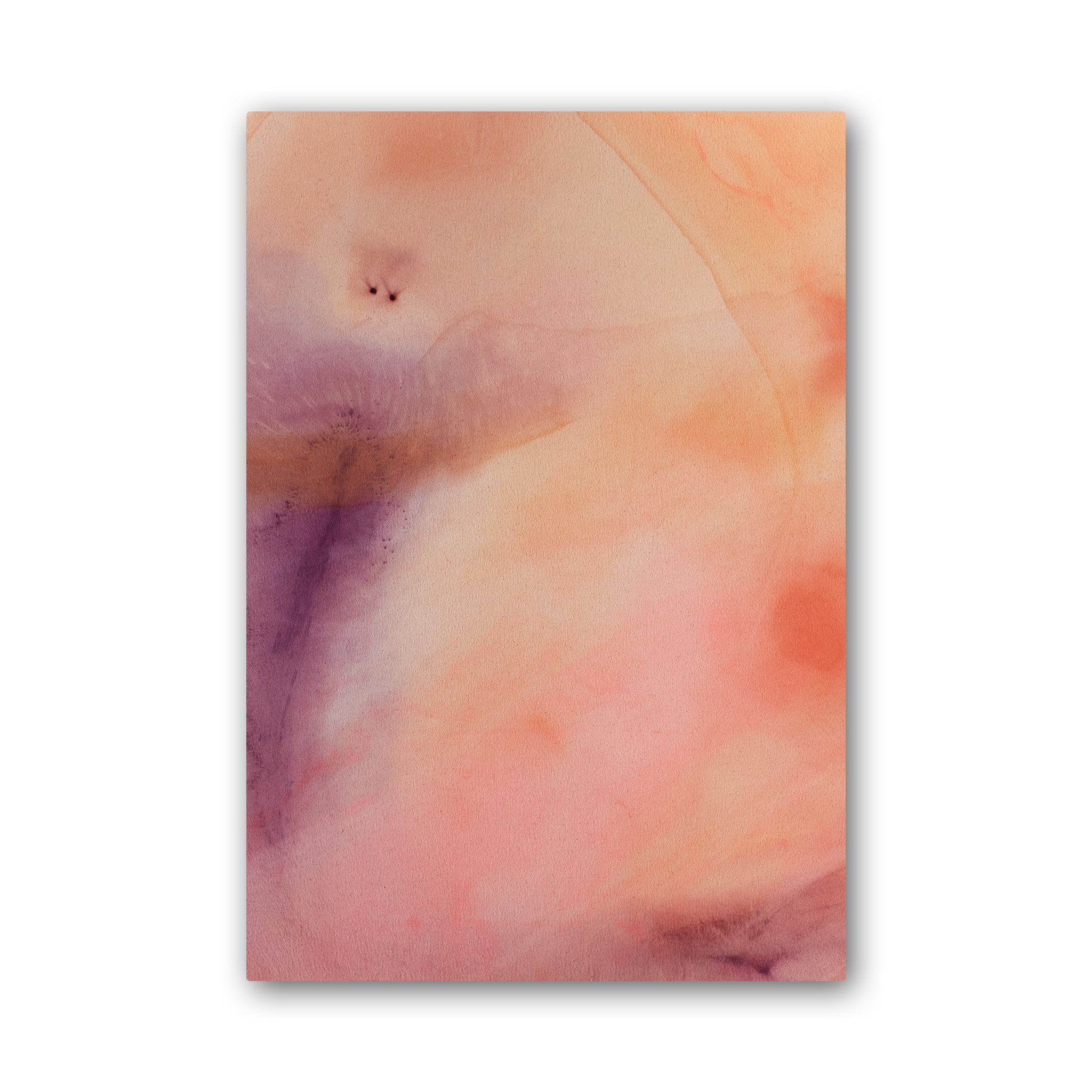 An abstract painting made with acrylic washes of purple, pink, and yellow.